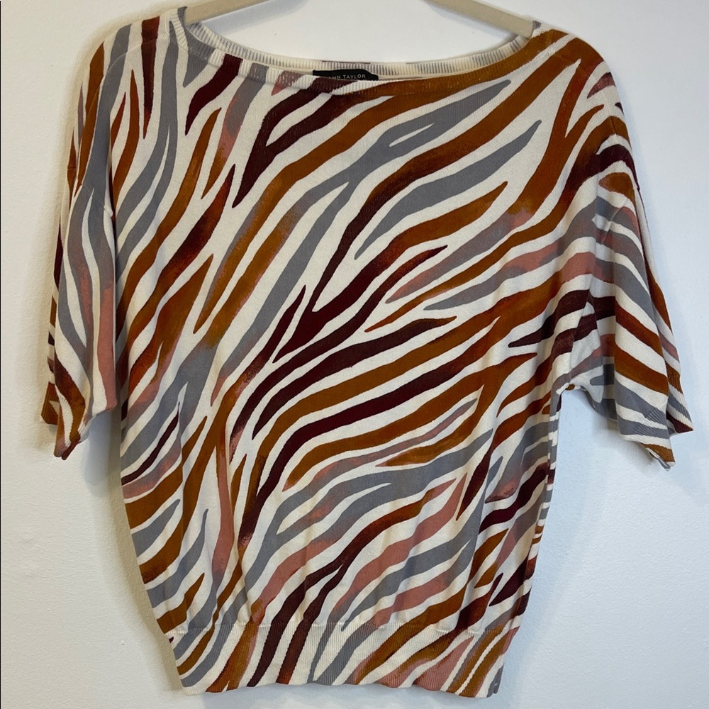 Ann Taylor Zebra Print Sweater in Cream, Brown & Gray Size Small PTP 20”-21”